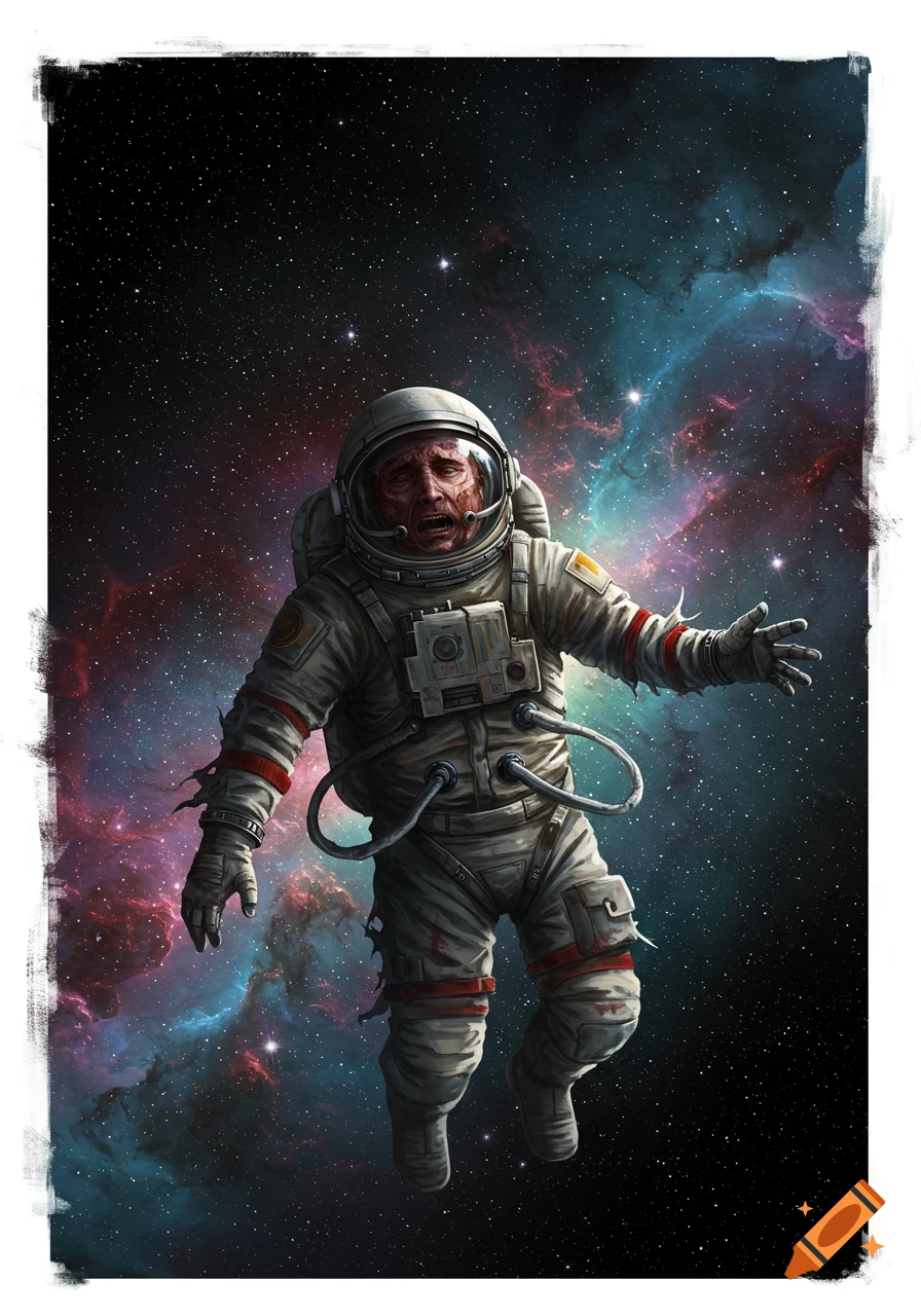 A distressed astronaut with a decaying face floats in space amidst colorful nebulae and stars, in a horror art style.