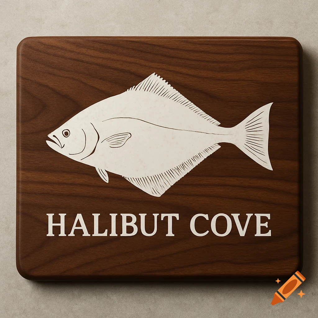 A wooden cutting board with a white engraved halibut illustration and 'HALIBUT COVE' text.
