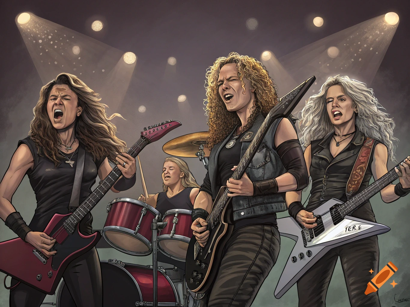 An illustration of an all-female rock band performing on stage under spotlights, playing guitars and drums with energetic expressions.