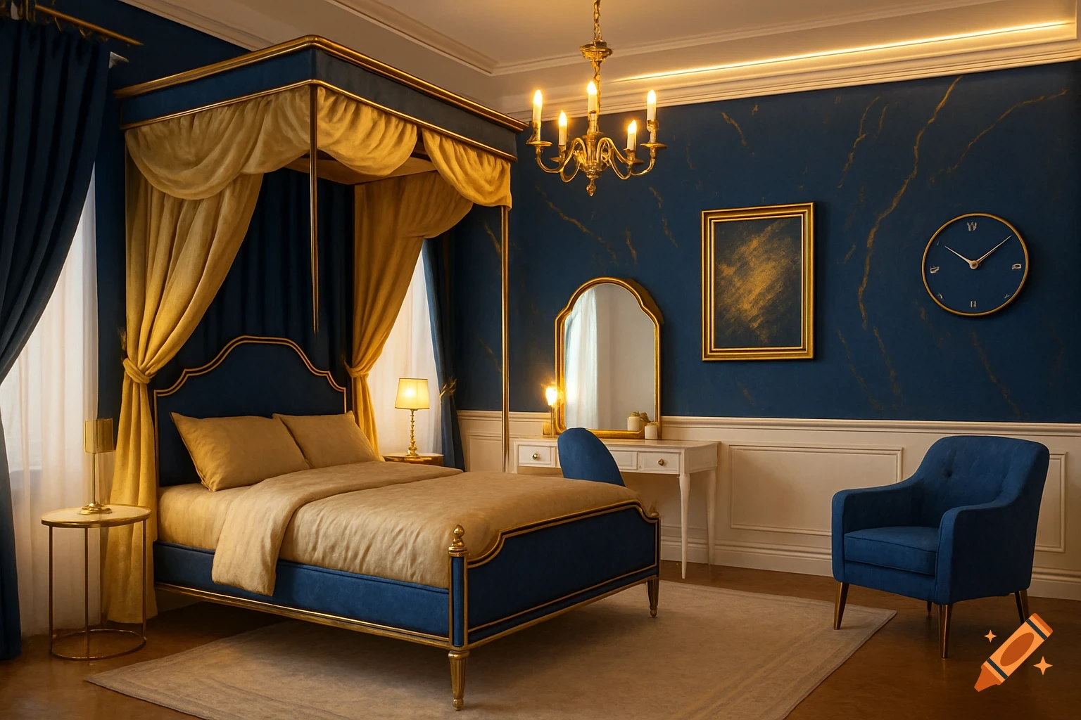 A luxurious bedroom decorated in royal blue and gold, featuring a canopy bed, a chandelier, a vanity, and an armchair.