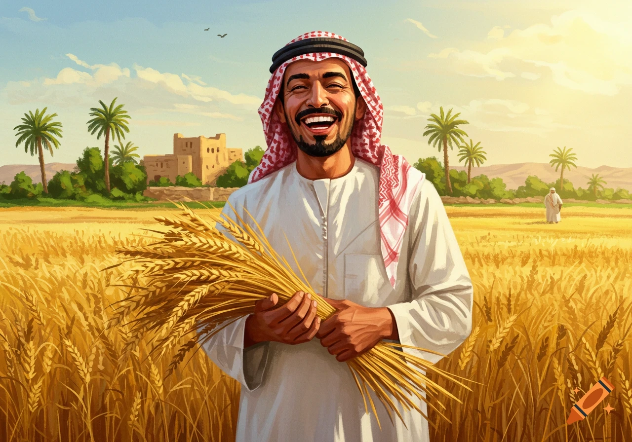 A happy Arab man in traditional attire holds wheat stalks in a field with a village and palm trees under a sunny sky.
