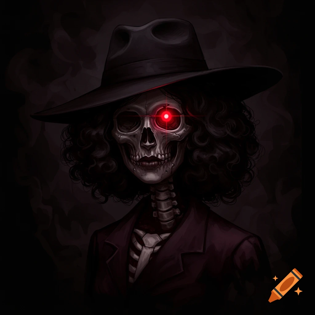 A stylized illustration of a skeleton wearing a fedora and a suit, with a glowing red eye, against a dark background.