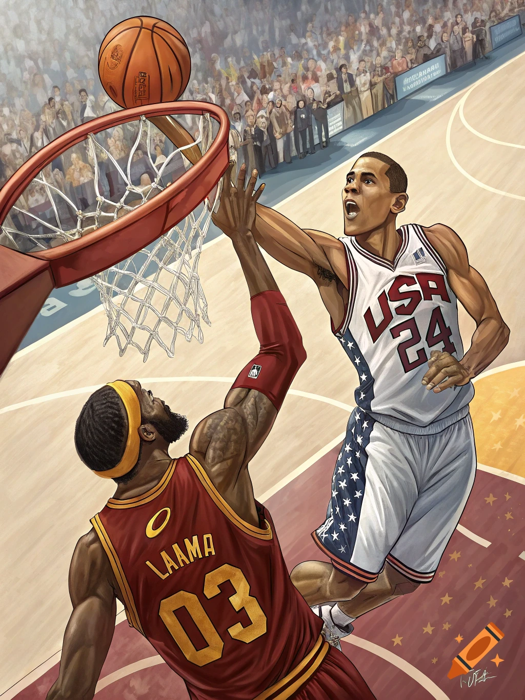 An illustrated image of Barack Obama in a white USA basketball jersey dunking a basketball, while LeBron James in a red and gold jersey attempts to block.
