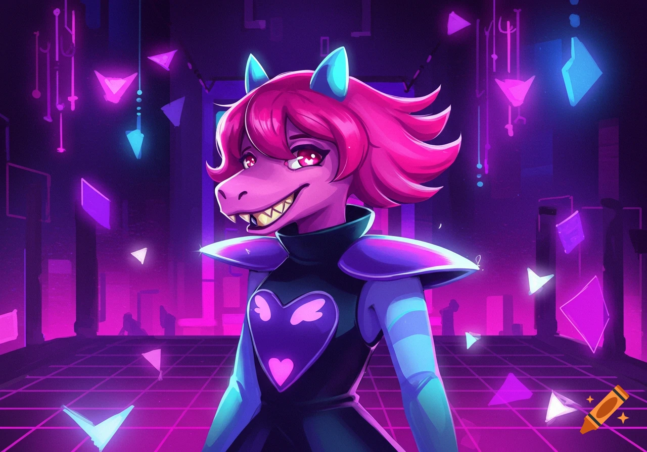 Susie from Deltarune, a pink monster with fangs and purple hair, grins in a vibrant neon digital landscape.