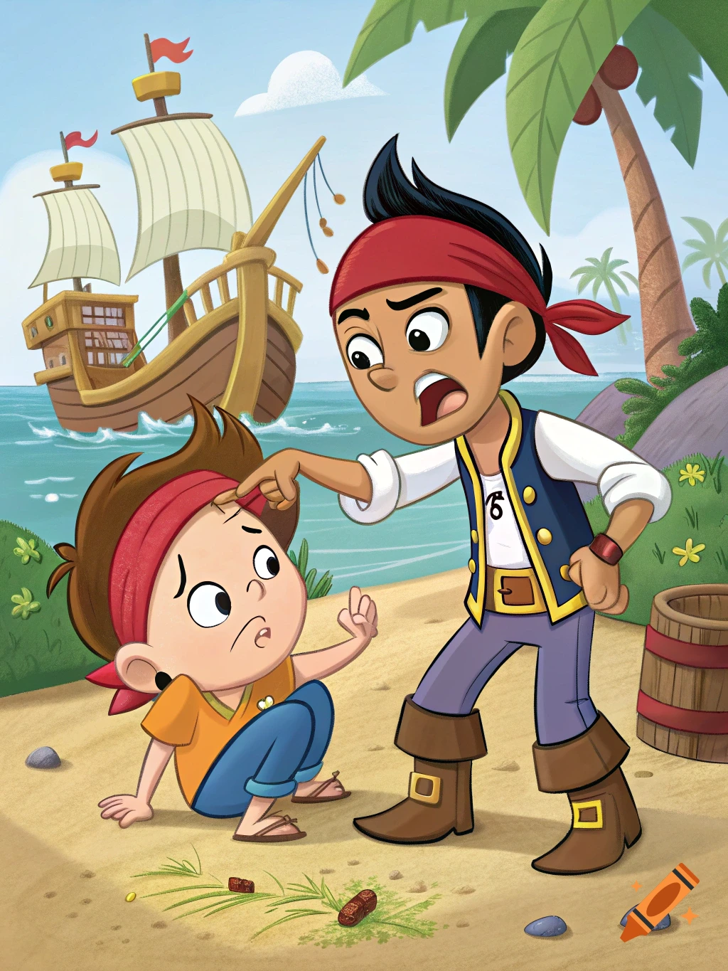 Cartoon illustration of a boy dressed as a pirate pointing at another boy's forehead on a sandy beach with a pirate ship and palm trees in the background.
