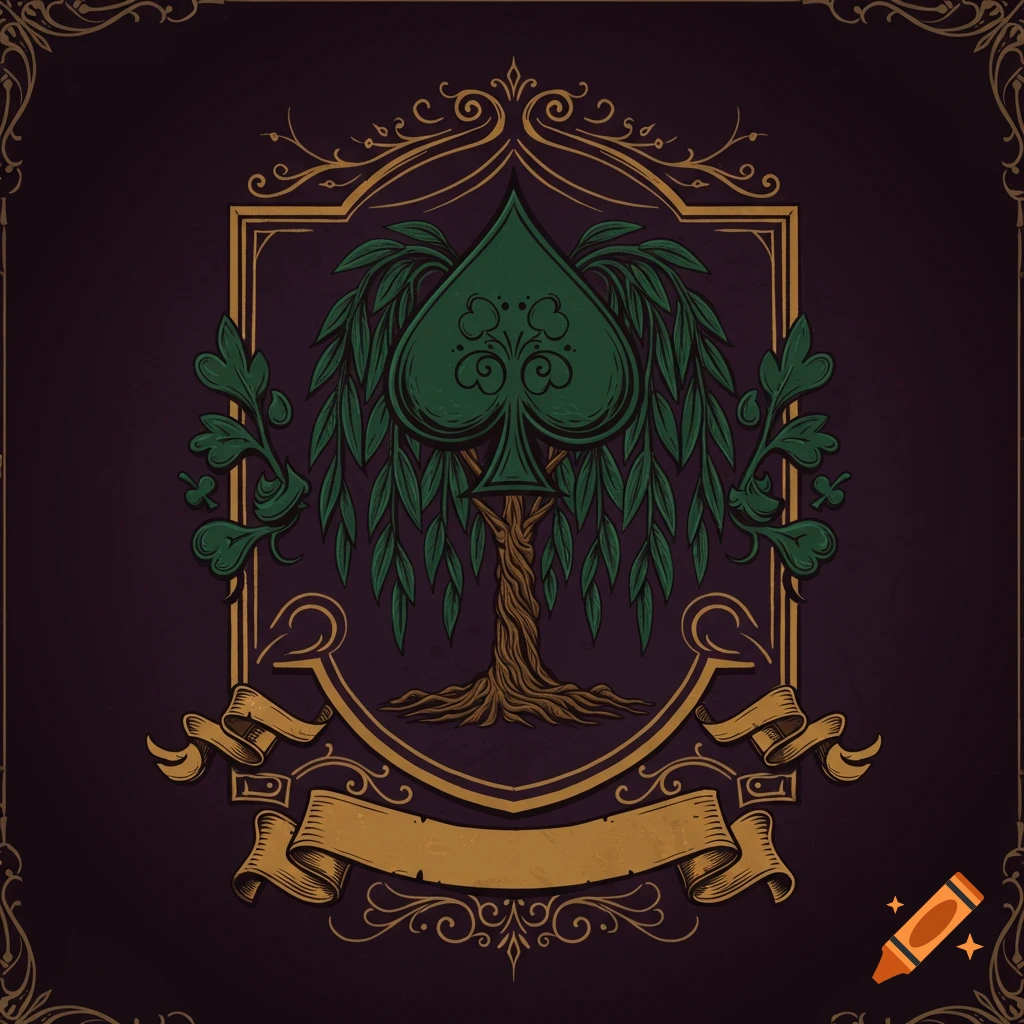 Ornate family crest illustration featuring a green spade symbol as the top of a willow tree, framed in gold on a dark purple background.
