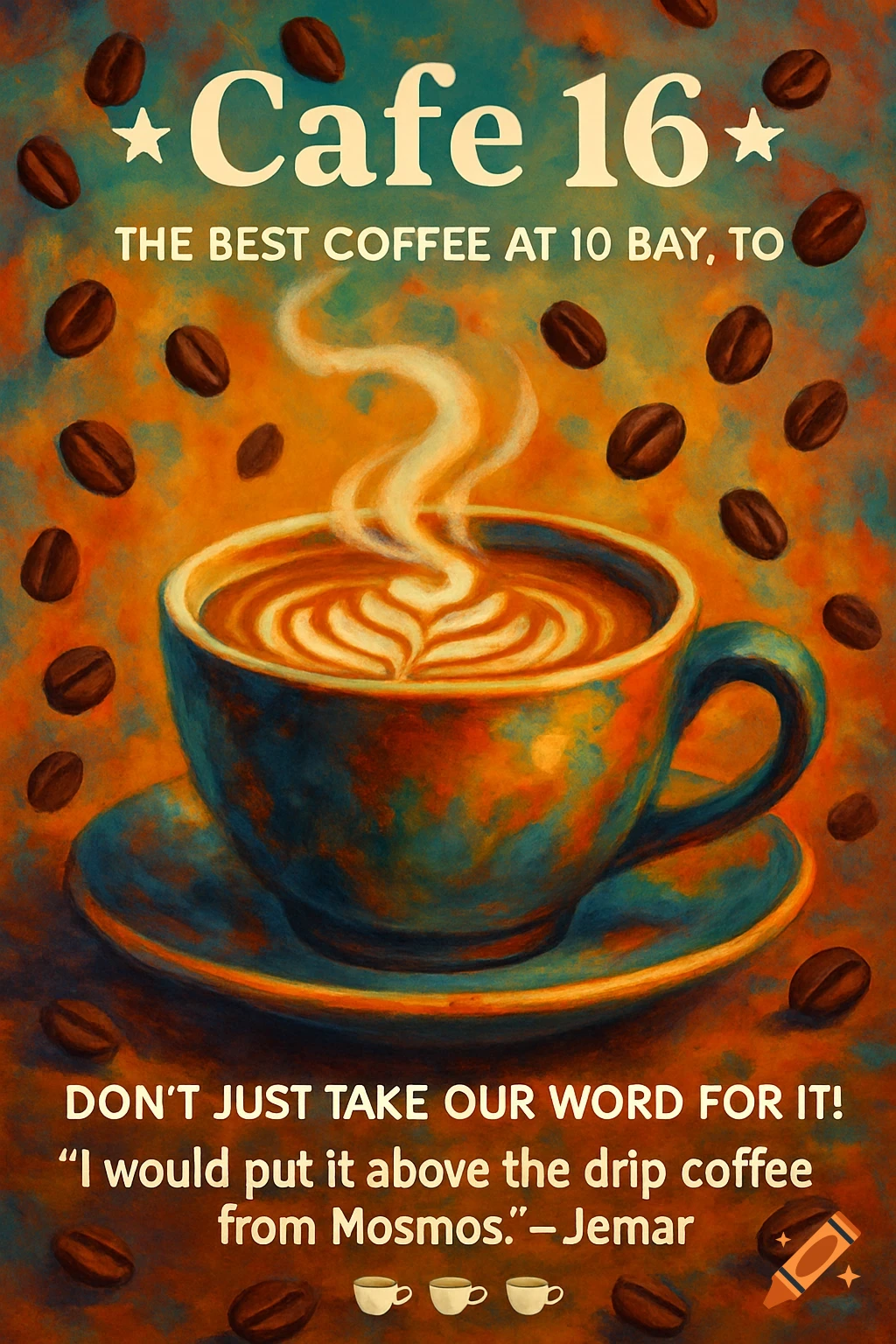 A vibrant, painterly poster for "Cafe 16" featuring a steaming cup of latte art coffee with floating coffee beans, against an orange and teal background.