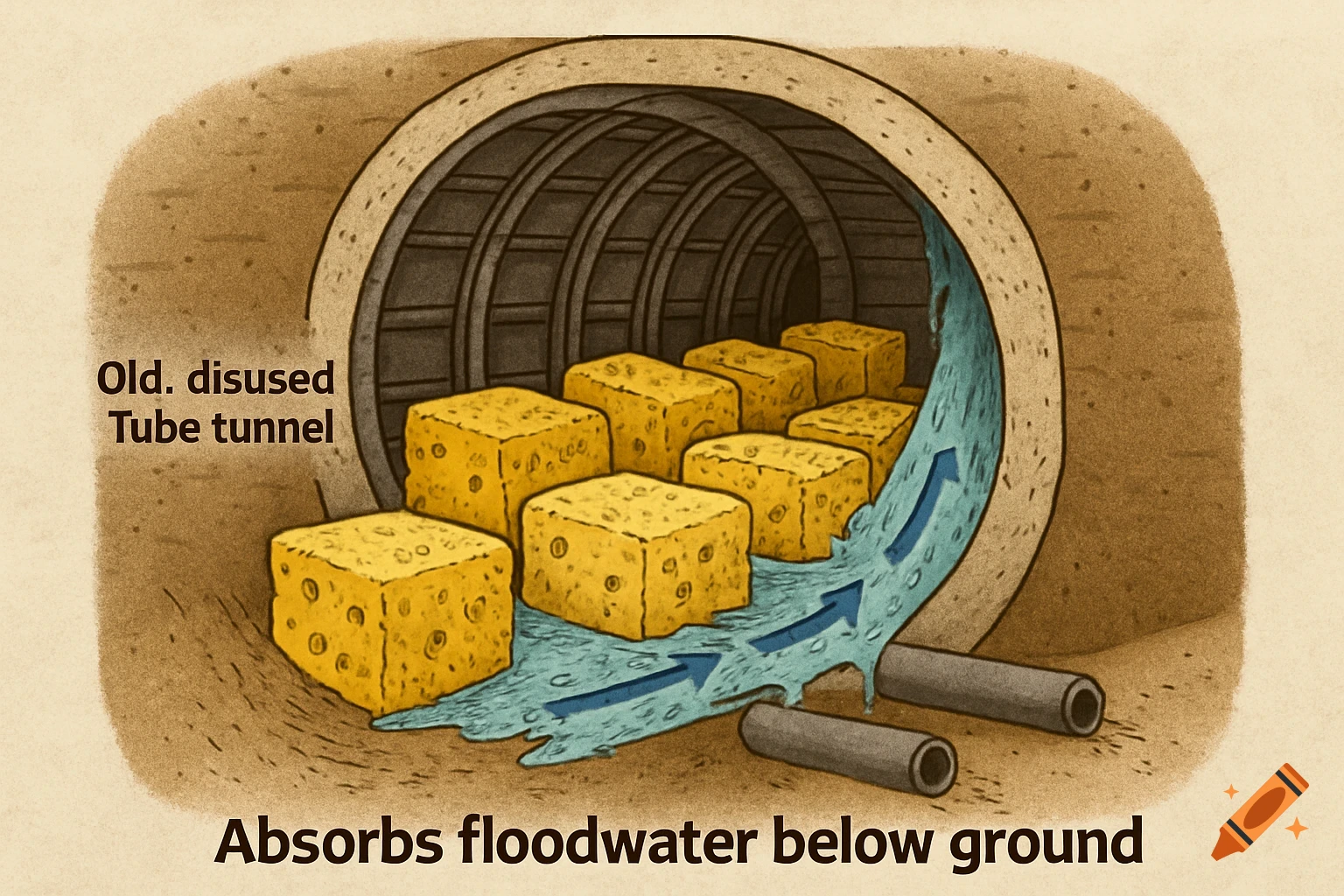 An illustration of a cutaway view of an old, disused tube tunnel filled with large yellow sponges, absorbing blue floodwater that flows into pipes below ground.