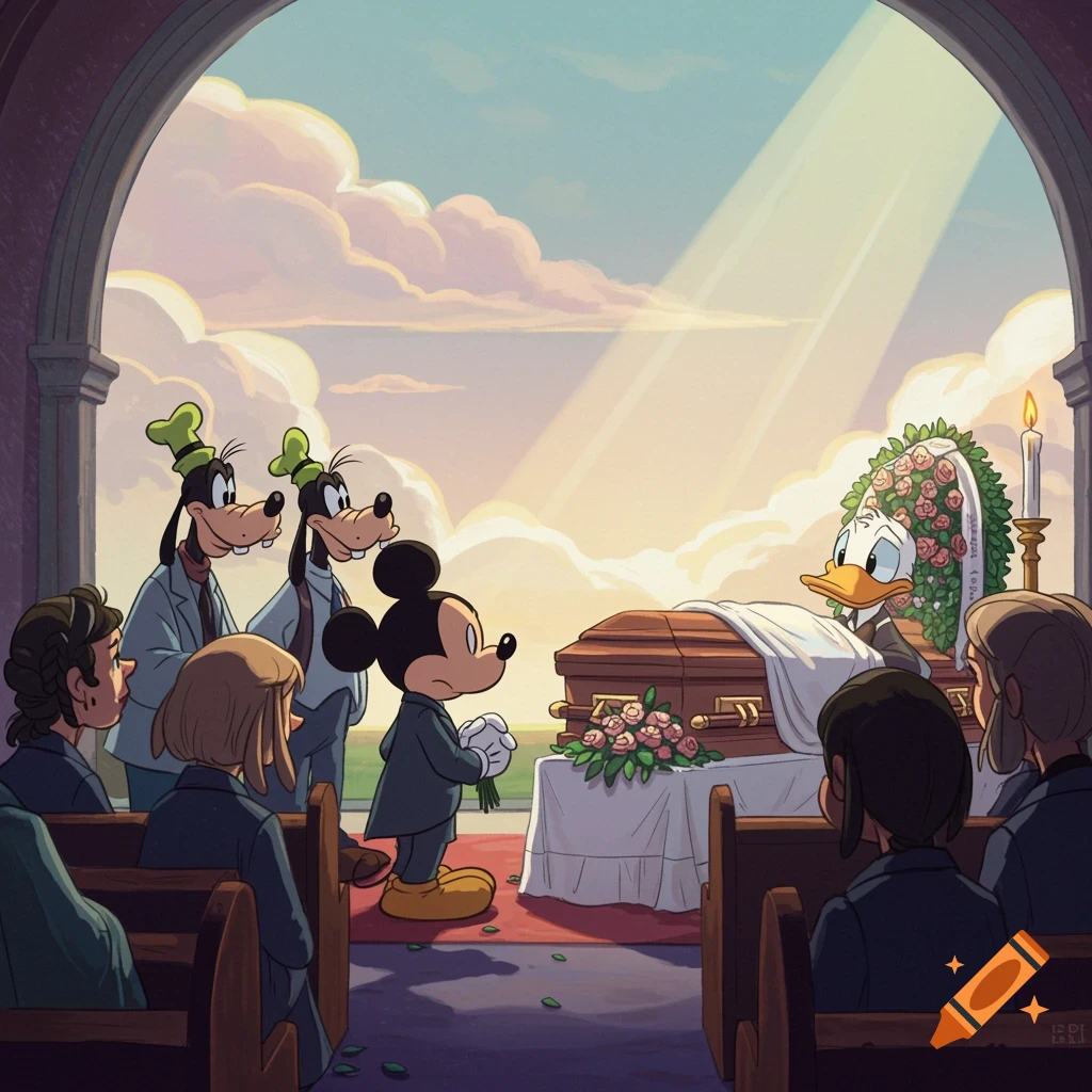 Mickey Mouse, Goofy, and other characters at Donald Duck's funeral in a cartoon style church setting.