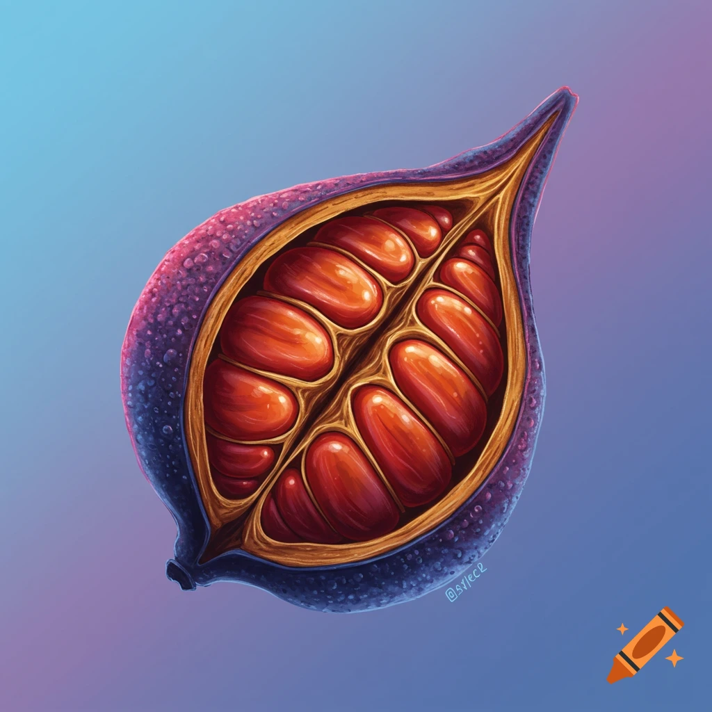 Vibrant illustration of a purple exotic seed pod cut open, showing shiny red seeds inside.