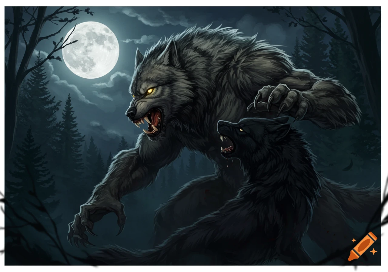 A large grey werewolf snarls next to a black wolf under a bright full moon in a dark, eerie forest.