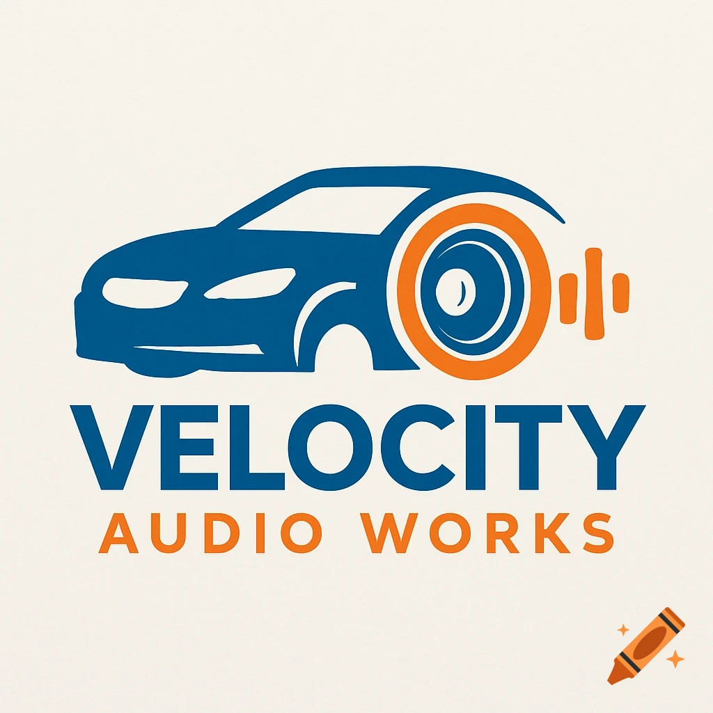 A blue car silhouette logo with an orange speaker replacing a wheel and sound waves emanating from it. Below the car are the words "VELOCITY" in blue and "AUDIO WORKS" in orange.