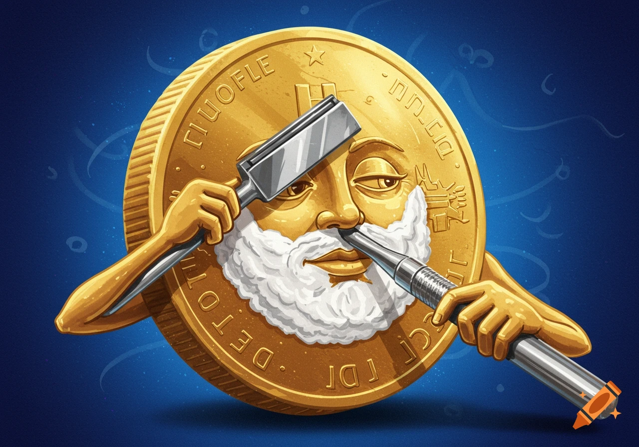 A golden coin with a face and arms shaves its beard with a razor and trims its nose hair, on a blue background in a cartoon style.