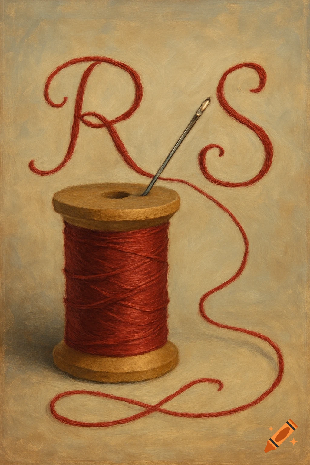 A red thread spool with a needle, the thread forming elegant R and S letters on a textured background.
