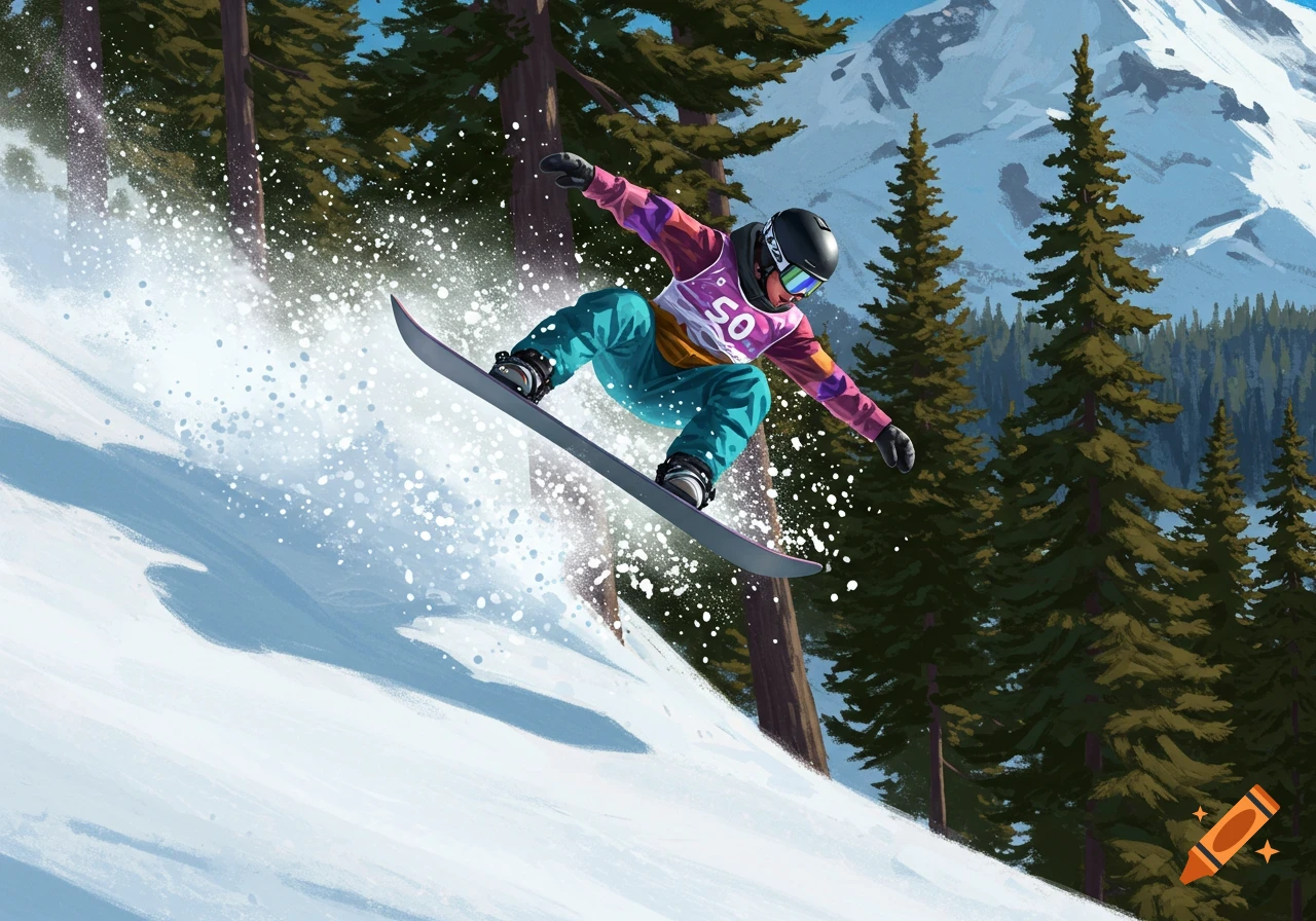 An illustrated image of a snowboarder mid-air, kicking up snow on a mountain slope with pine trees and a snowy peak in the background.