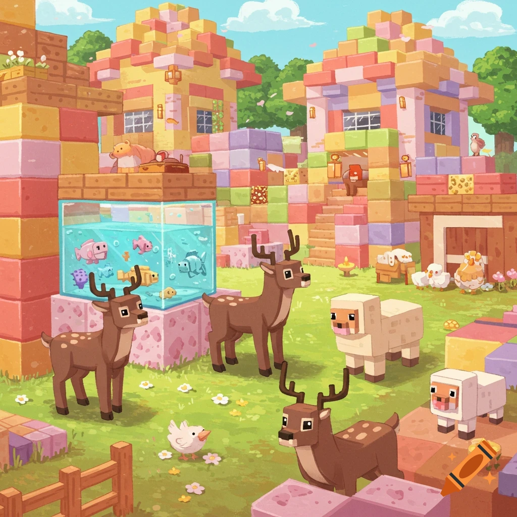 A colorful, blocky Minecraft-style village with houses made of pastel blocks, deer, sheep, chickens, and an aquarium with fish.