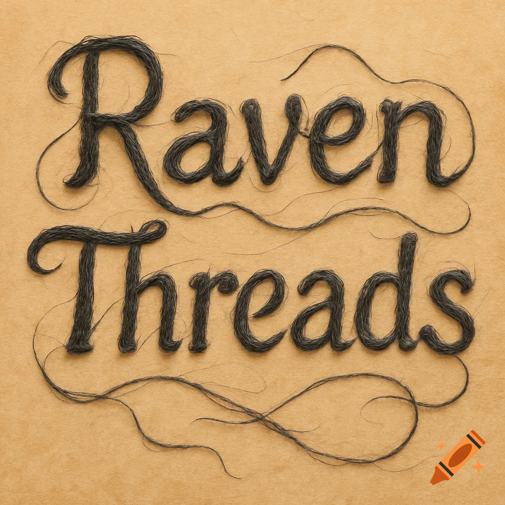 The words "Raven Threads" formed by black threads on a textured beige background.