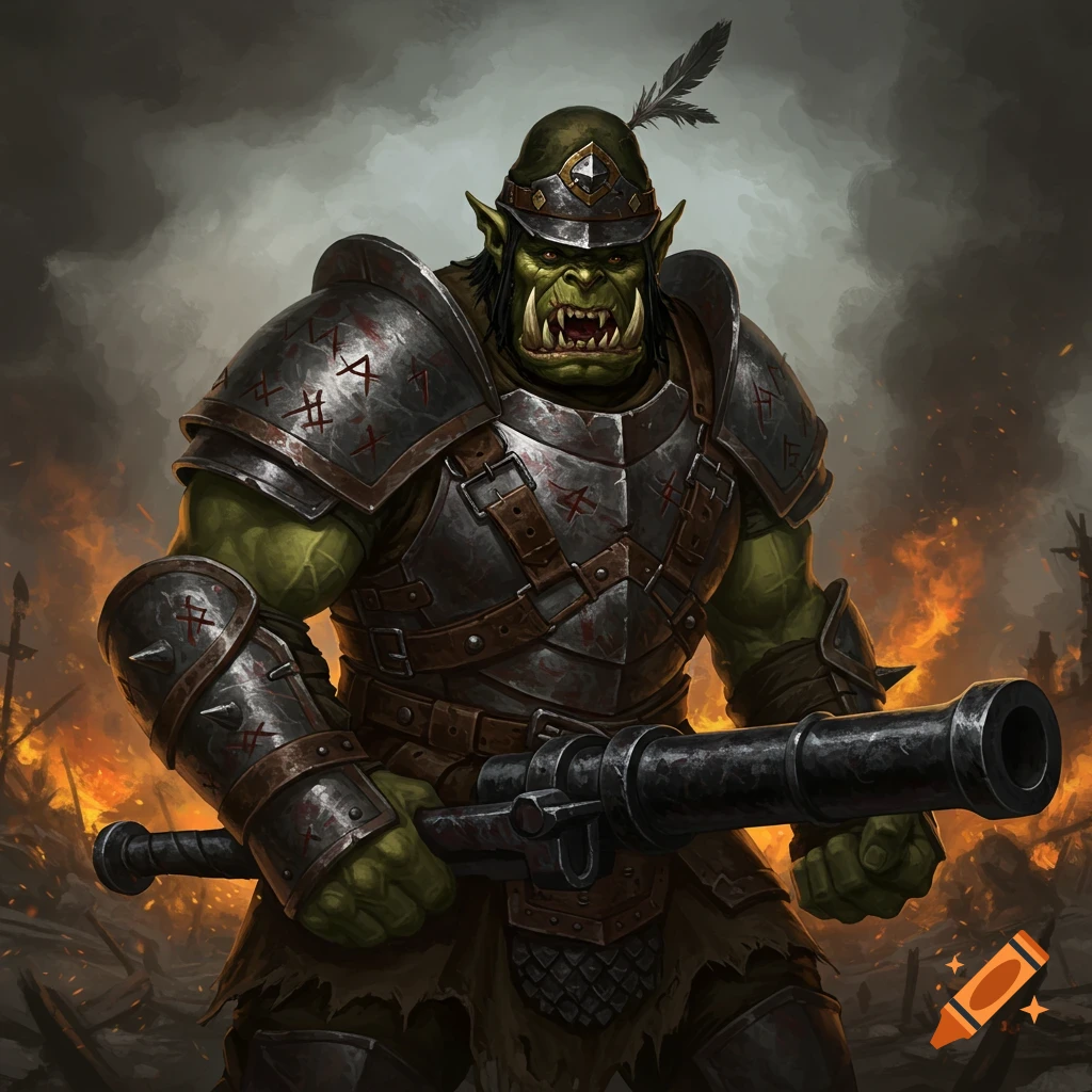 A fierce orc cannoneer in crude iron armor and a shako hat holds a large cannon amidst a burning battlefield, in a detailed fantasy illustration.