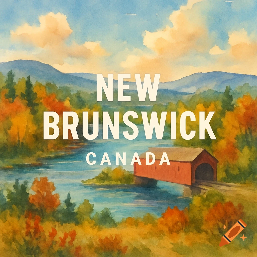 Watercolor painting of an autumn landscape with a river, red covered bridge, mountains, and text 'NEW BRUNSWICK CANADA'.