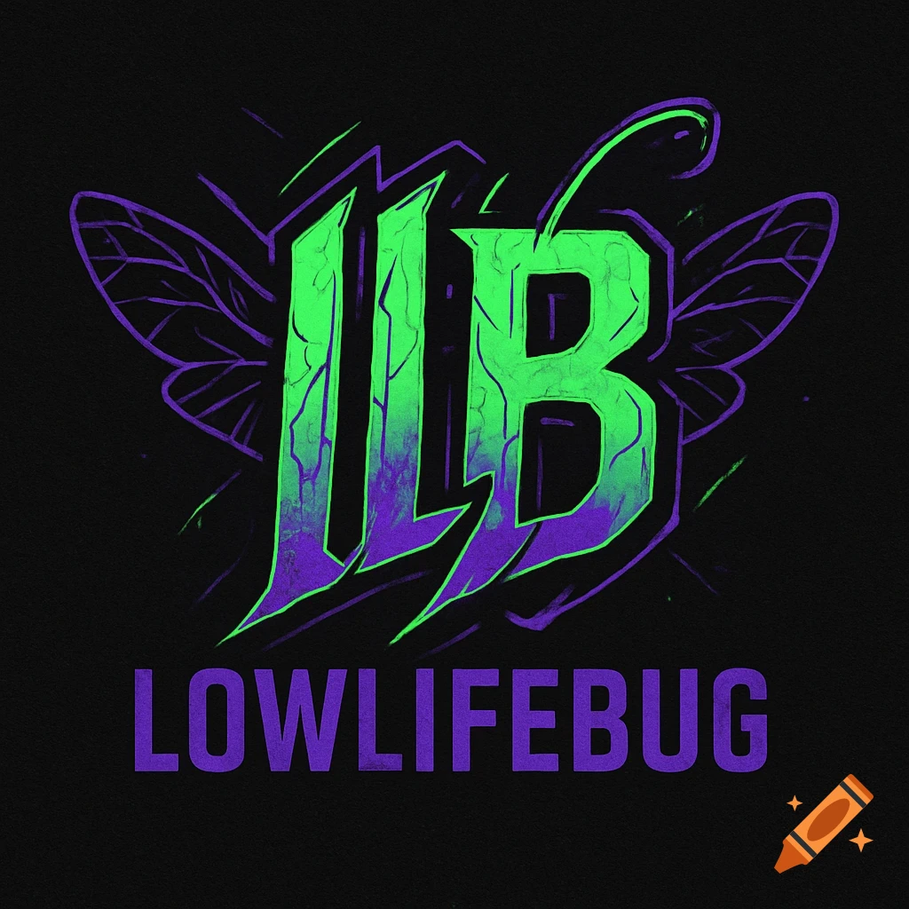 A neon green and purple logo with stylized 'llB' letters and insect wings, above the text 'LOWLIFEBUG' on a black background.