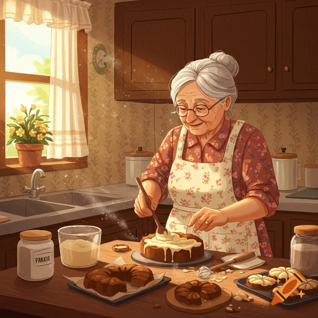 An elderly woman with gray hair bakes cakes in a warm, sunlit kitchen, spreading frosting on a cake.