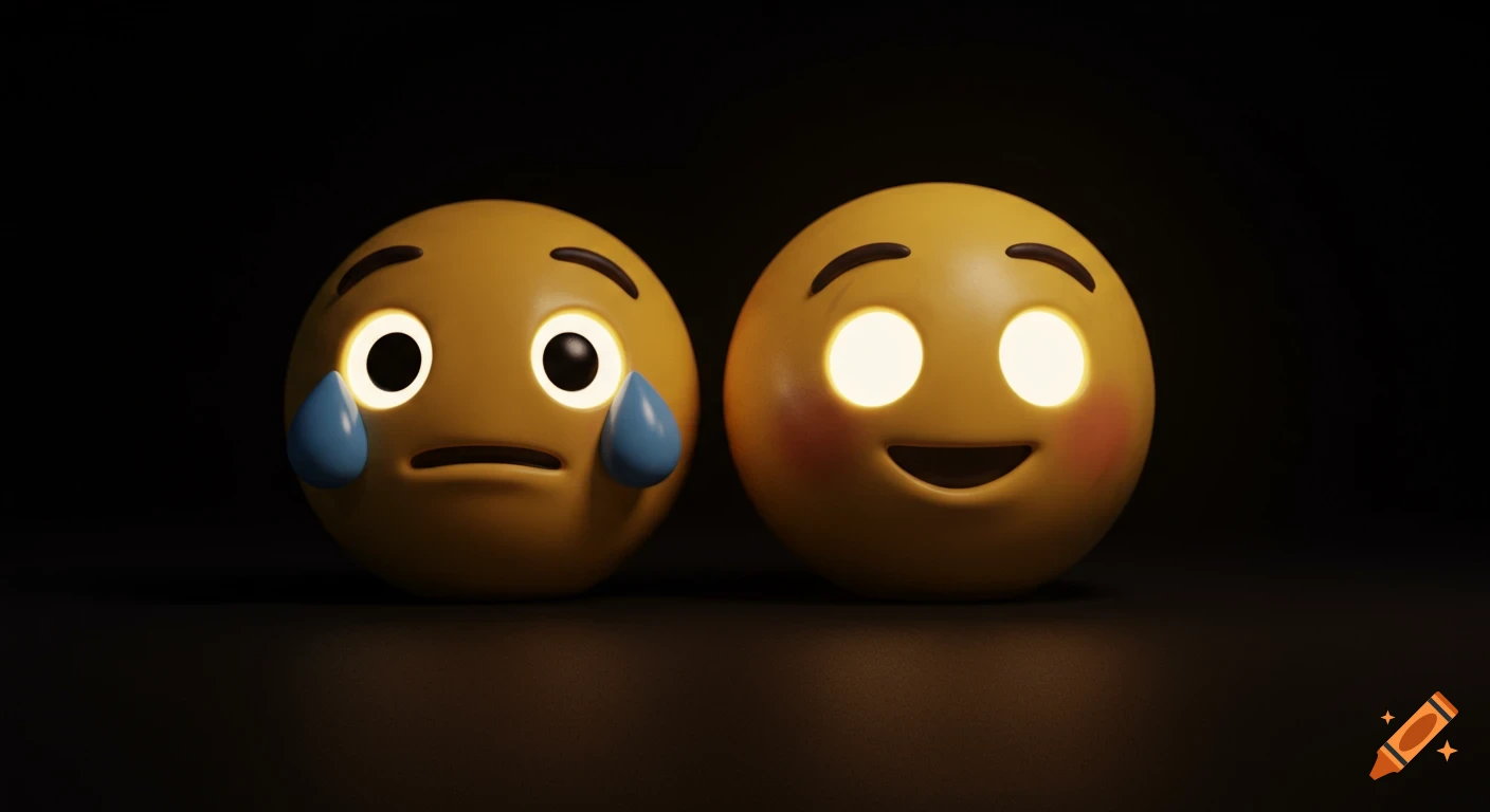 A cinematic shot of a 3D crying emoji next to a happy, blushing emoji with glowing eyes, on a dark background.