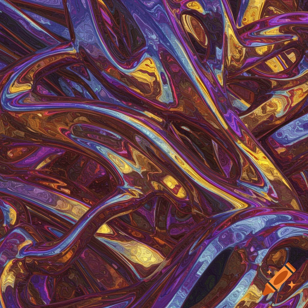 Abstract pattern of swirling, iridescent metallic forms in purple, gold, and blue.
