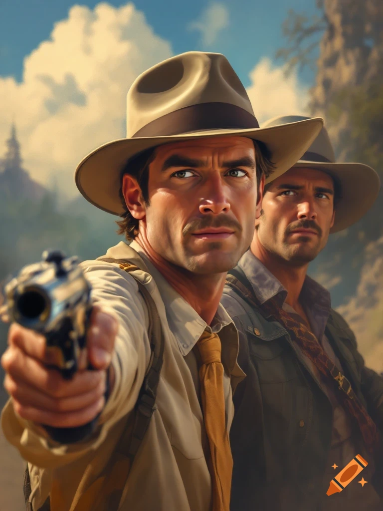 A man in a hat points a gun at the viewer, another man stands behind him, in a photorealistic action movie poster style.