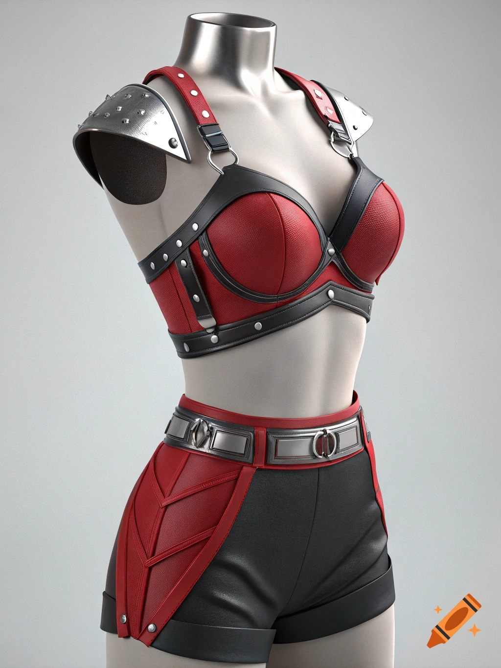 A red bra top with black leather straps and silver studs, black booty shorts, and silver shoulder armor on a mannequin.