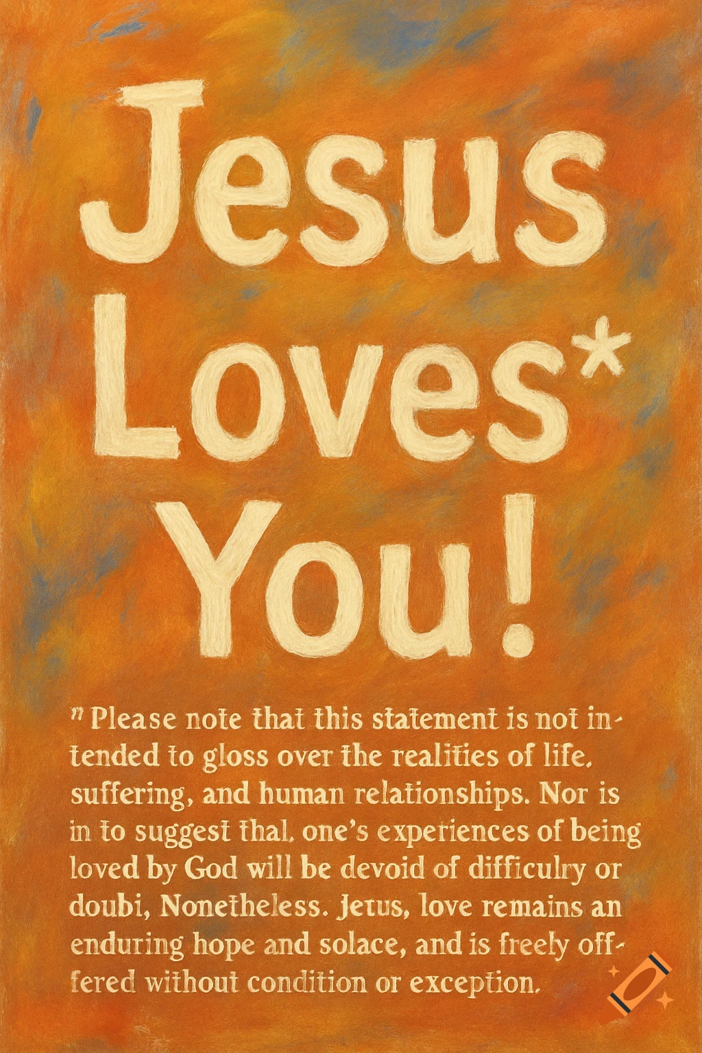 The phrase "Jesus Loves You!" in large, light-colored block letters with an asterisk, above a smaller paragraph of text, all on an orange and brown textured background reminiscent of a pastel drawing.