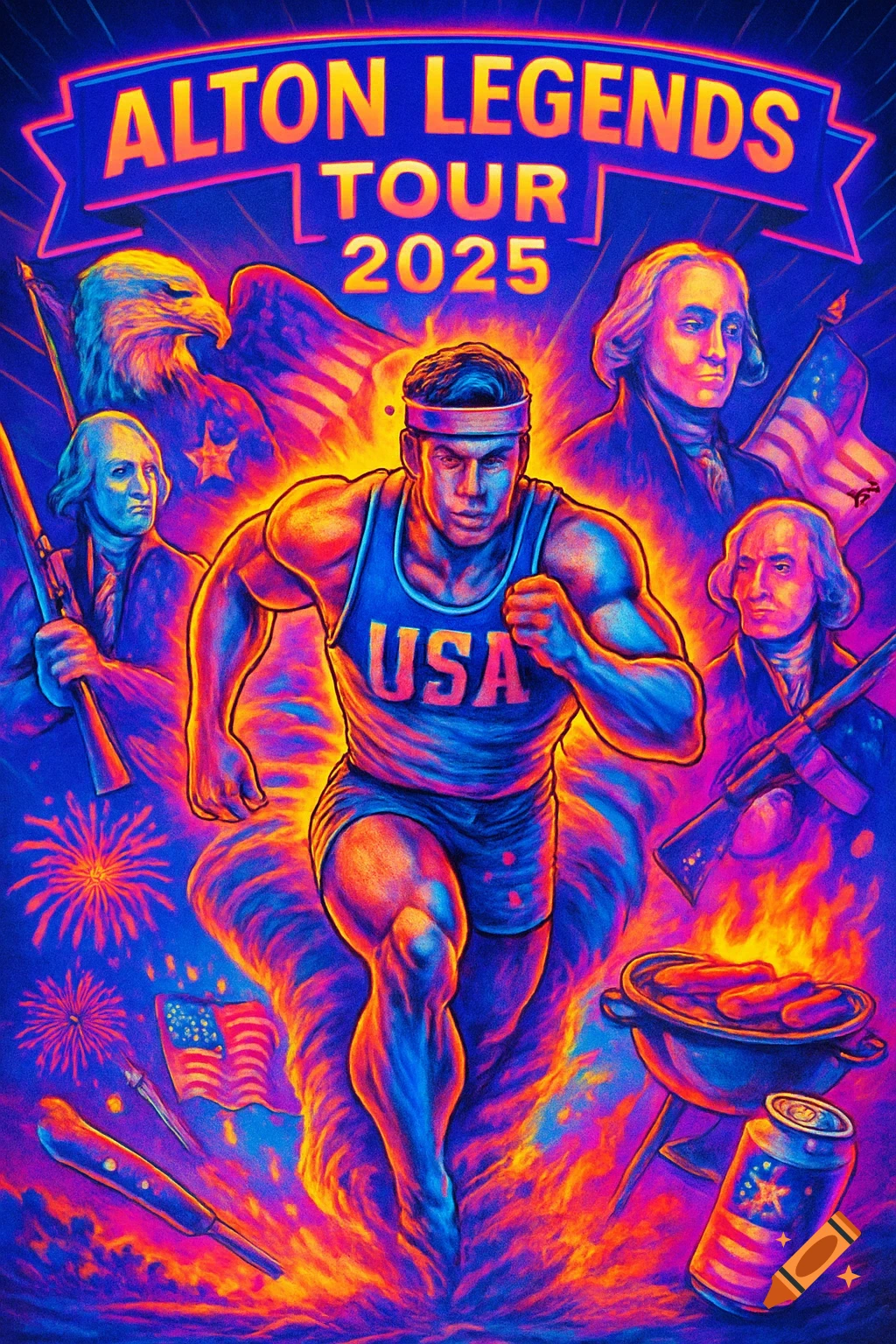 A vibrant, neon-colored poster depicting a muscular runner in a USA tank top emerging from a fiery tornado, surrounded by American patriotic symbols like eagles, flags, founding fathers, fireworks, and a BBQ, with "ALTON LEGENDS TOUR 2025" text.