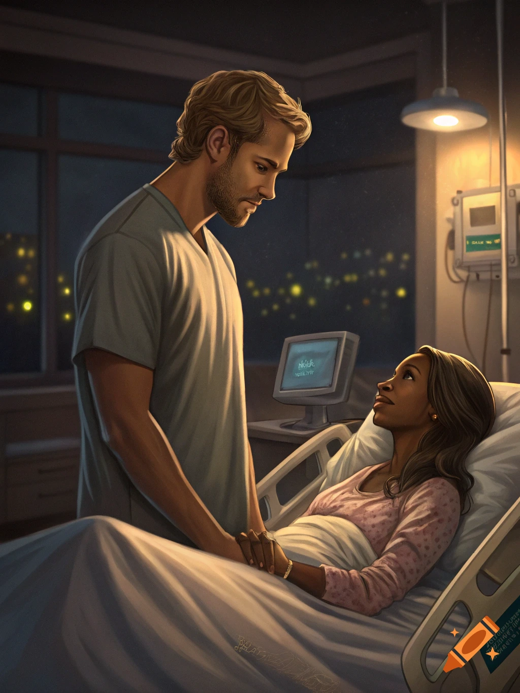 A man stands by the bedside of a woman lying in a hospital bed, holding her hand, in a tender moment.