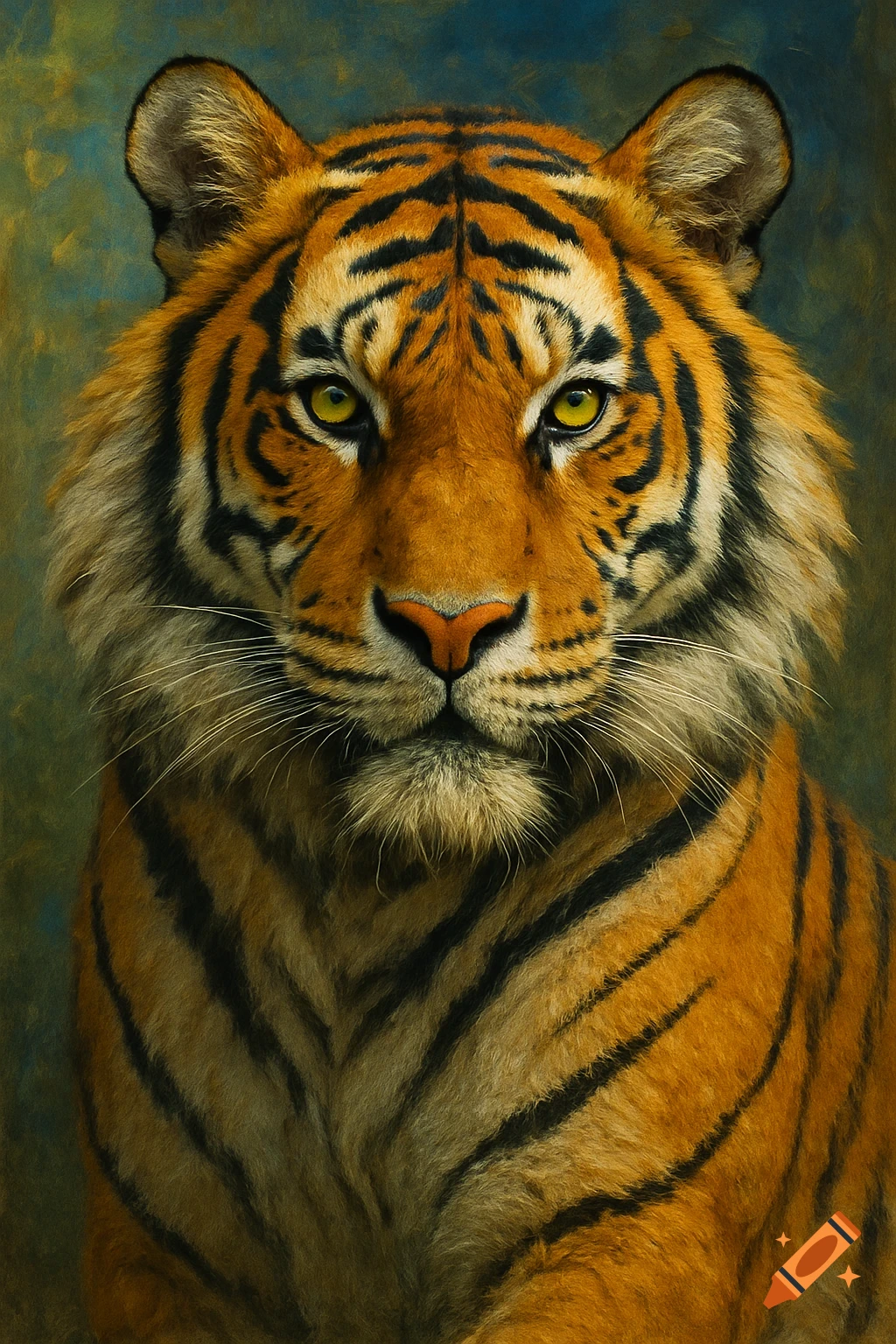 Close-up portrait of a majestic tiger with vibrant orange fur, black stripes, and piercing yellow eyes against a painterly blue-green background.