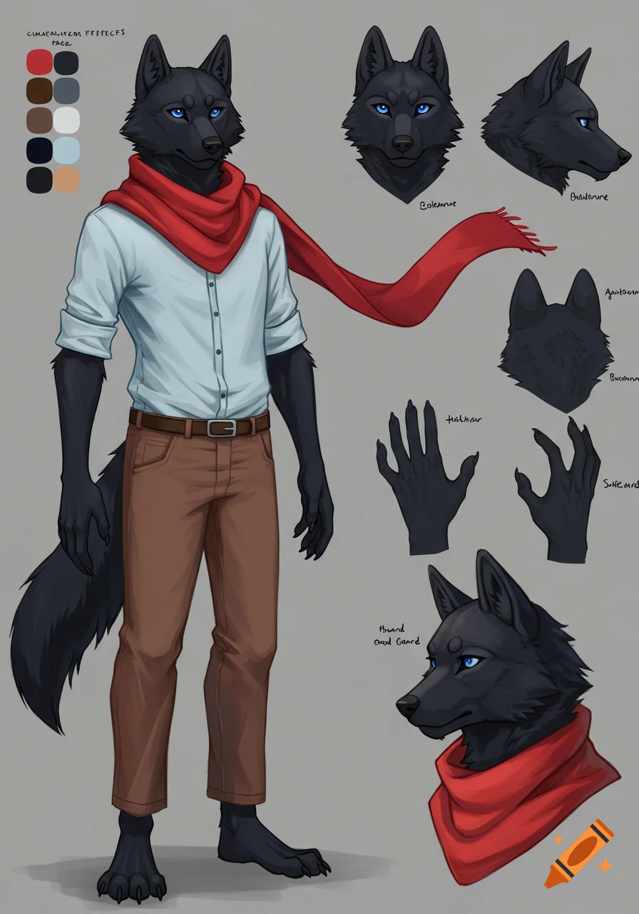 A full-body digital art reference sheet of a black anthropomorphic wolf with blue eyes, wearing a red scarf, white button-up shirt, and brown pants, shown with various head angles and hand poses.