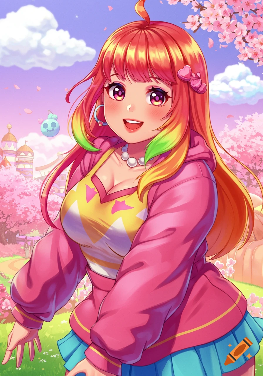 Vibrant anime girl with rainbow hair smiles in a pink hoodie and blue skirt amidst cherry blossoms in a park.