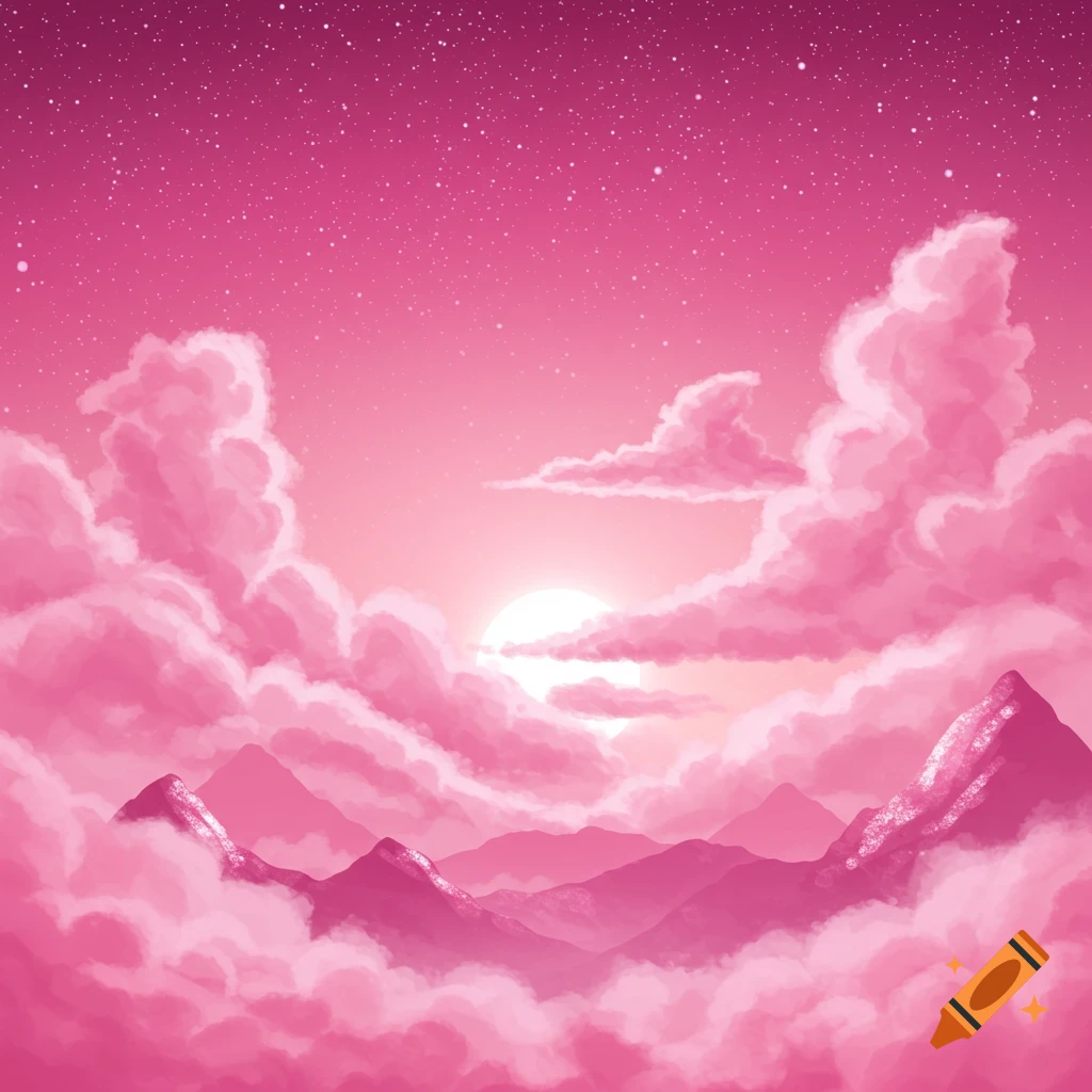 A vibrant pink landscape with fluffy clouds, mountains, a bright sun, and stars in the sky.