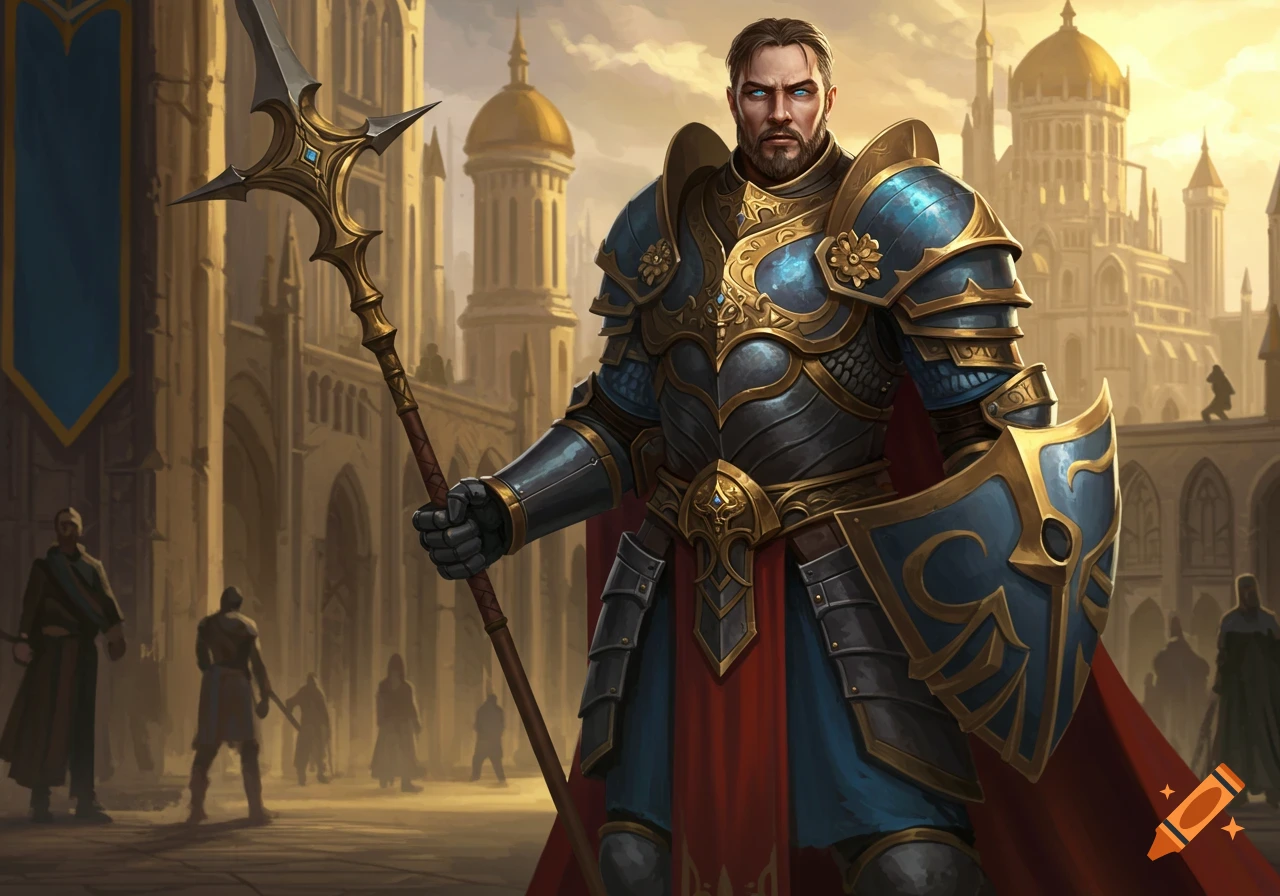 A knight in blue and gold magical plate armor holds a spear and shield, standing before a grand palace at sunset in a fantasy art style.