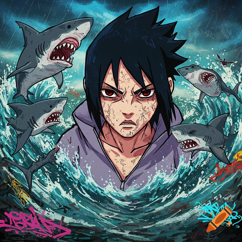 Anime character Sasuke in a stormy sea surrounded by sharks, with graffiti elements. Stylized comic art.