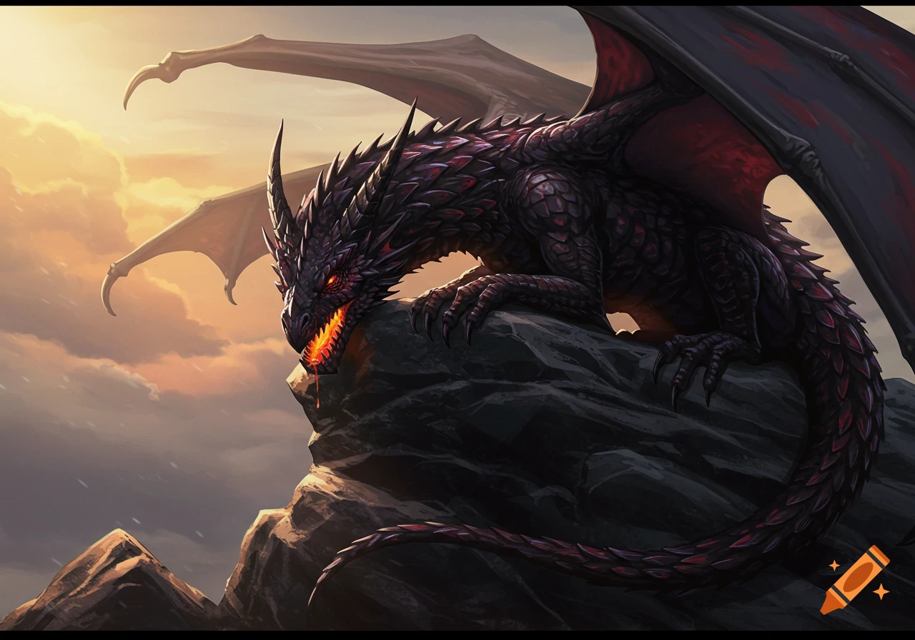Dark, menacing dragon with glowing eyes and fiery mouth perched on a rocky cliff against an orange sunset sky.