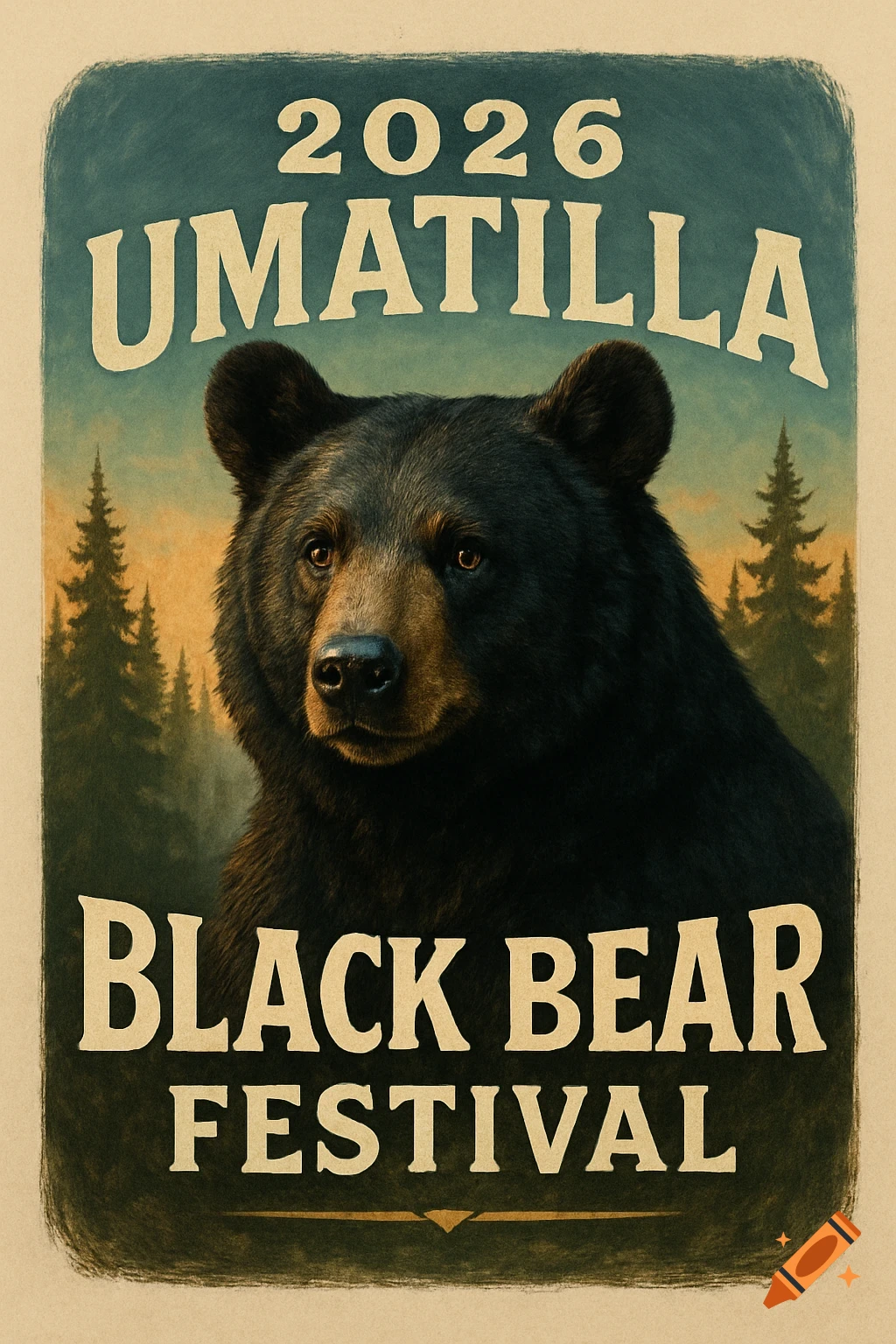 Vintage-style poster for the 2026 Umatilla Black Bear Festival, featuring a realistic black bear portrait against a forest sunset.