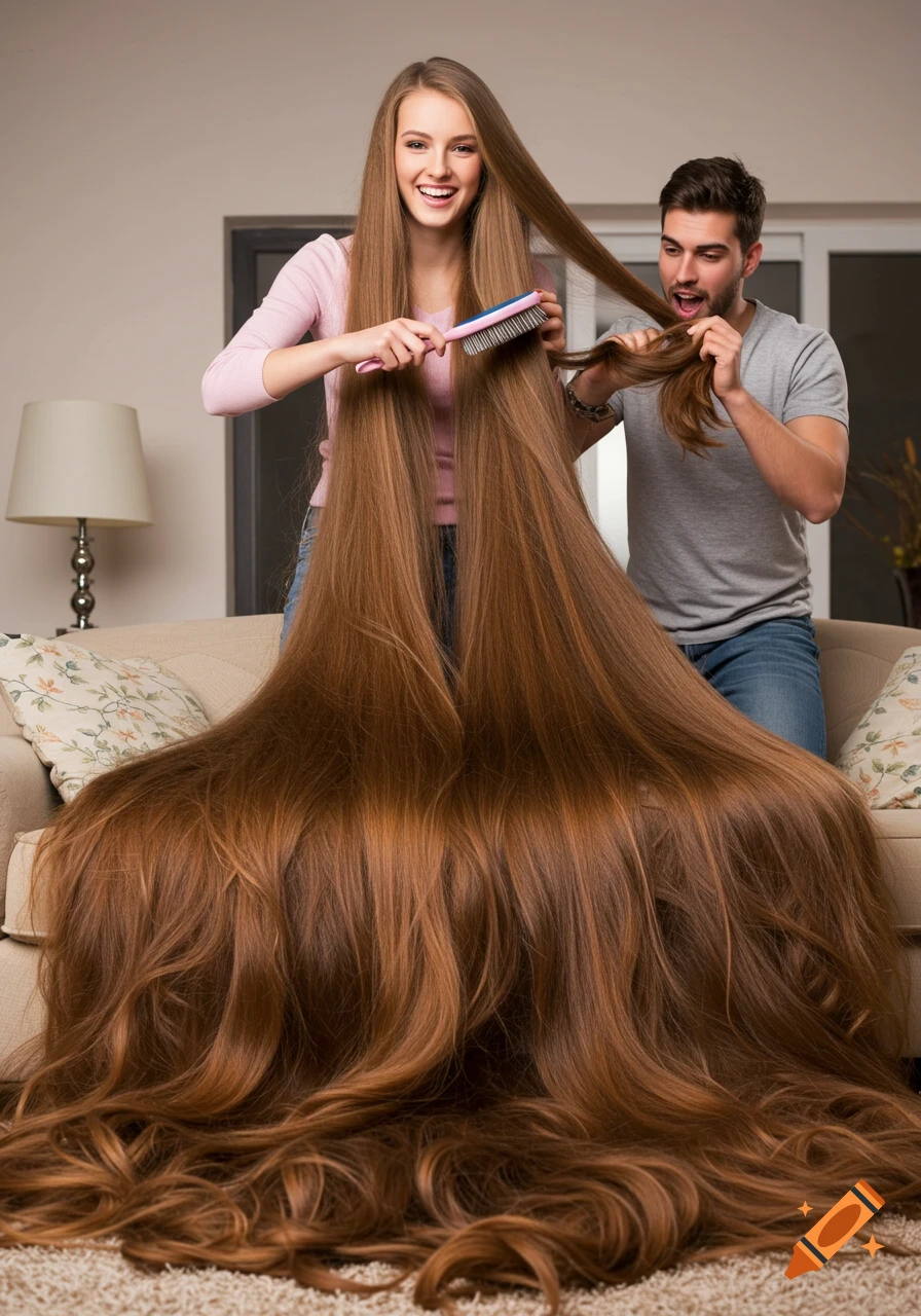 A smiling woman brushes her extremely long, flowing brown hair that covers the floor and couch, while a man playfully holds a strand of her hair in a living room.