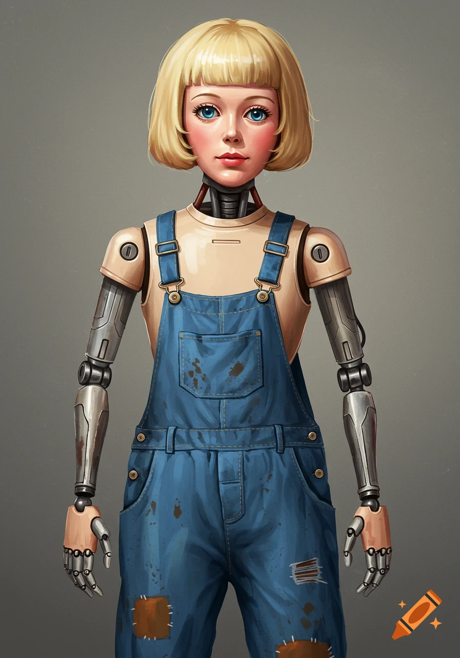 A stylized illustration of a female-presenting robot with blonde bob hair and blue eyes, wearing blue overalls over a beige shirt. Her neck and arms are exposed mechanical parts, and her hands are metallic.