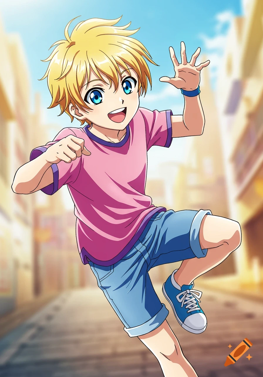 A happy blonde anime boy in a pink shirt and blue shorts runs down a city street, waving.