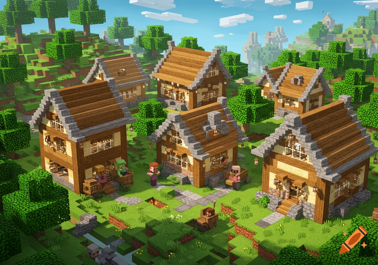 A vibrant Minecraft village with several wooden houses, green trees, and blocky terrain under a clear sky.