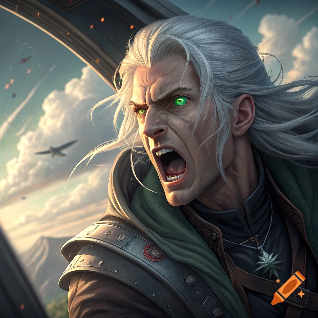 A screaming male character with white hair and glowing green eyes, wearing armor, against a cloudy sky with planes and explosions.