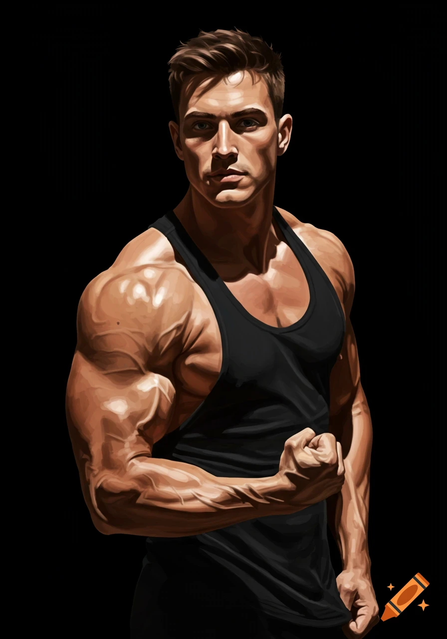 A muscular man in a black tank top flexes his arm against a dark background in a high-contrast illustration.