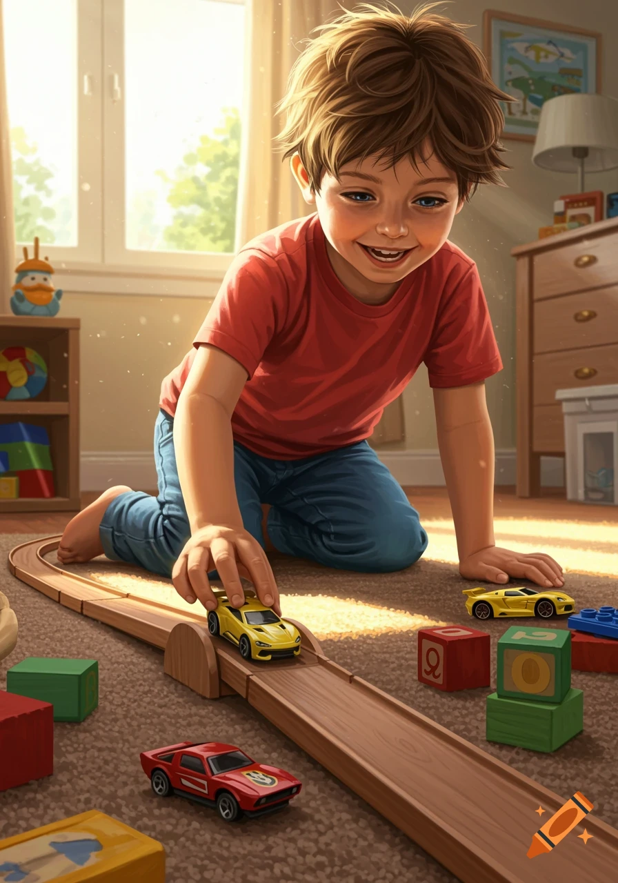 Smiling boy playing with yellow toy cars on a wooden track in a sunlit room, with building blocks nearby. Realistic drawing.