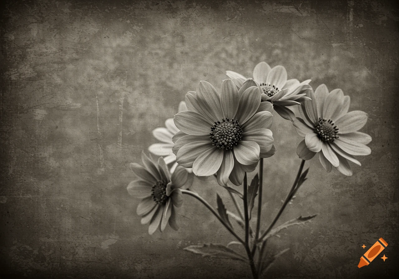 Monochrome photograph of blooming flowers with a textured, vintage background.