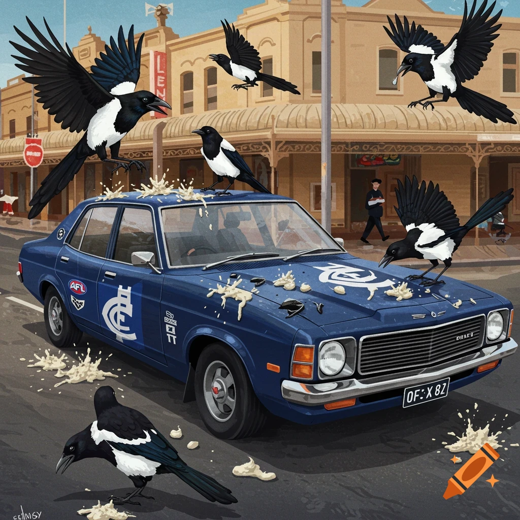 An illustration of several magpies perched on and around a blue car, which is covered in white bird droppings. The car features the AFL and Carlton Football Club logos.
