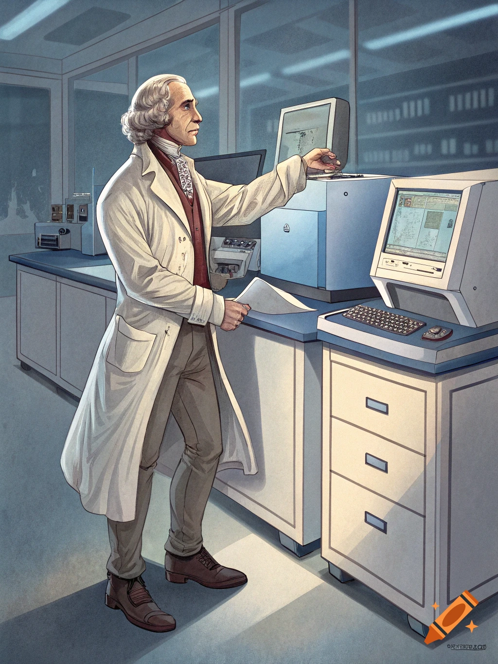 An illustration of George Washington in a white lab coat operating scientific equipment in a modern laboratory.